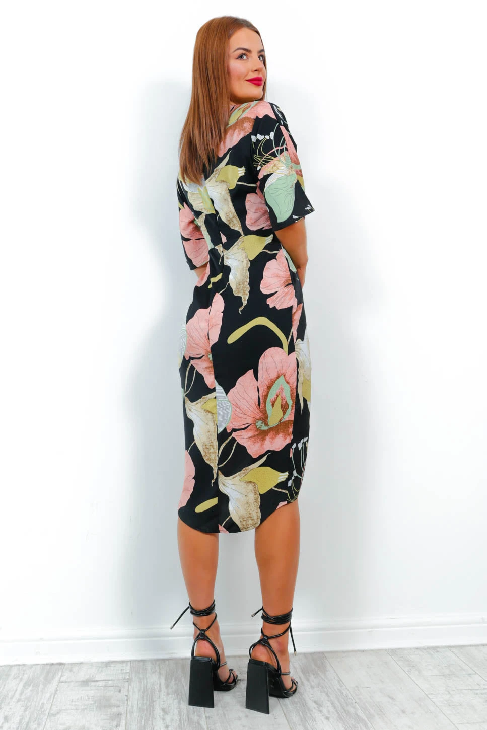 Cocktail OClock - Black Blush Floral Print Midi Dress 4 Cocktail OClock - Black Blush Floral Print Midi Dress - Image 4