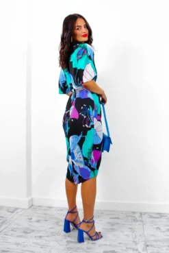 Cocktail OClock - Black Turquoise Floral Midi Dress -Glamoros Clothing Shop CocktailO Clock BlackTurquoiseFloralMidiDress