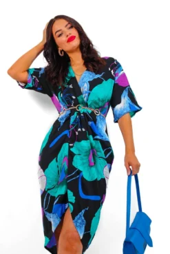 Cocktail OClock - Black Turquoise Floral Midi Dress