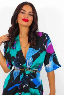 Cocktail OClock - Black Turquoise Floral Midi Dress -Glamoros Clothing Shop CocktailO Clock BlackTurquoiseFloralMidiDress 3