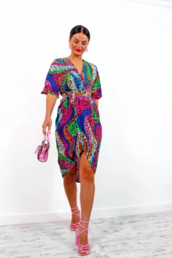Cocktail OClock - Multi Rainbow Animal Print Midi Dress