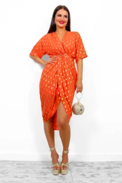 Cocktail OClock - Orange Gold Foil Midi Dress -Glamoros Clothing Shop CocktailO Clock OrangeGoldFoilMidiDress 1
