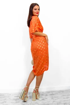 Cocktail OClock - Orange Gold Foil Midi Dress -Glamoros Clothing Shop CocktailO Clock OrangeGoldFoilMidiDress 3