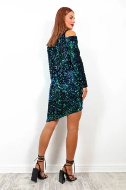 Cold Shoulder - Green Blue Sequin Mini Dress -Glamoros Clothing Shop ColdShoulder GreenBlueSequinMiniDress2