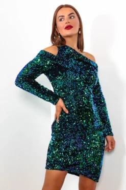 Cold Shoulder - Green Blue Sequin Mini Dress -Glamoros Clothing Shop ColdShoulder GreenBlueSequinMiniDress6