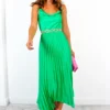 Cowl Me, Maybe? - Green Cowl Neck Satin Pleated Midi Dress