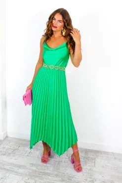 Cowl Me, Maybe? - Green Cowl Neck Satin Pleated Midi Dress -Glamoros Clothing Shop CowlMe Maybe GreenCowlNeckSatinPleatedMidiDress 2