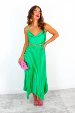 Cowl Me, Maybe? - Green Cowl Neck Satin Pleated Midi Dress -Glamoros Clothing Shop CowlMe Maybe GreenCowlNeckSatinPleatedMidiDress 3