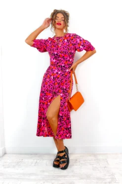 Cuff It Up - Fuchsia Orange Leopard Print Midi Dress