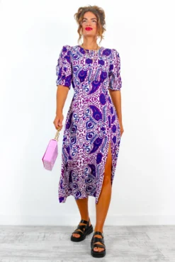 Cuff It Up - Purple Paisley Print Midi Dress -Glamoros Clothing Shop CuffItUp PurplePaisleyPrintMidiDress 1