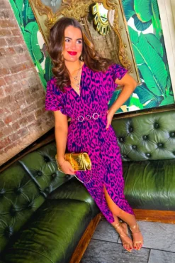 Adore Me - Raspberry Navy Leopard Print Midi Dress 13 Adore Me - Raspberry Navy Leopard Print Midi Dress -Glamoros Clothing Shop Don t Make Me Wait Blue Purple Abstract Print Plunge Midi Dress 3