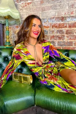 Dont Make Me Wait - Green Purple Abstract Print Plunge Midi Dress -Glamoros Clothing Shop Don t Make Me Wait Green Purple Abstract Print Plunge Midi Dress