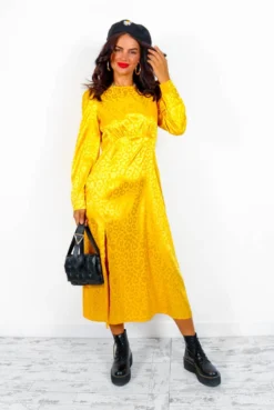 Dont Give A Glam - Mustard Leopard Jacquard Midi Dress -Glamoros Clothing Shop Don tGiveAGlam MustardLeopardJacquardMidiDress 2