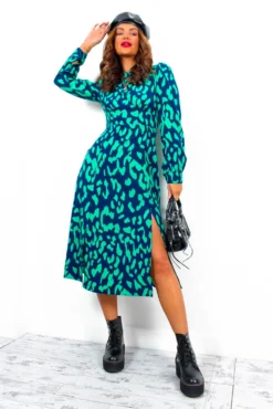 Dont Give A Glam - Navy Green Leopard Print Midi Dress -Glamoros Clothing Shop Don tGiveAGlam NavyGreenLeopardPrintMidiDress1