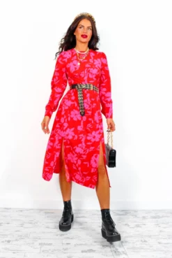 Dont Give A Glam - Red Pink Floral Midi Dress -Glamoros Clothing Shop Don tGiveAGlam RedPinkFloralMidiDres3