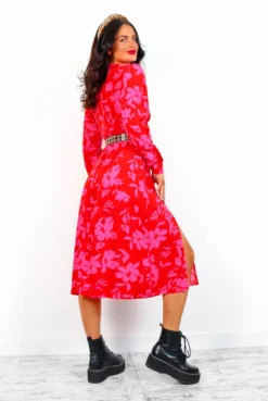 Dont Give A Glam - Red Pink Floral Midi Dress -Glamoros Clothing Shop Don tGiveAGlam RedPinkFloralMidiDres5