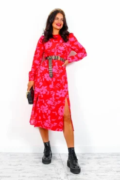 Dont Give A Glam - Red Pink Floral Midi Dress -Glamoros Clothing Shop Don tGiveAGlam RedPinkFloralMidiDres6