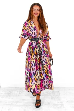Dont Go Yet - Fuchsia Yellow Leopard Print Midi Dress -Glamoros Clothing Shop Don tGoYet FuchsiaYellowLeopardPrintMidiDress 5