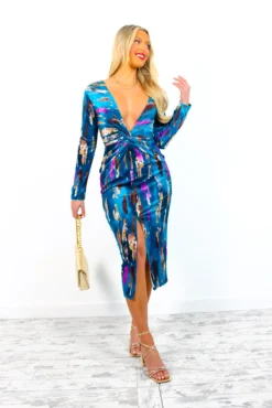 Dont Make Me Wait - Blue Purple Abstract Print Plunge Midi Dress -Glamoros Clothing Shop Don tMakeMeWait BluePurpleAbstractPrintPlungeMidiDress 3 2