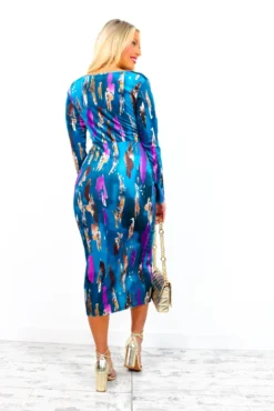 Dont Make Me Wait - Blue Purple Abstract Print Plunge Midi Dress -Glamoros Clothing Shop Don tMakeMeWait BluePurpleAbstractPrintPlungeMidiDress 5 2