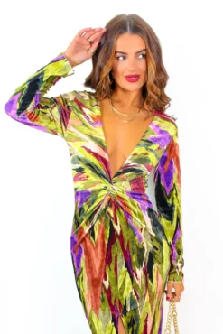Dont Make Me Wait - Green Purple Abstract Print Plunge Midi Dress -Glamoros Clothing Shop Don tMakeMeWait GreenPurpleAbstractPrintPlungeMidiDress 1