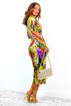 Dont Make Me Wait - Green Purple Abstract Print Plunge Midi Dress -Glamoros Clothing Shop Don tMakeMeWait GreenPurpleAbstractPrintPlungeMidiDress 6