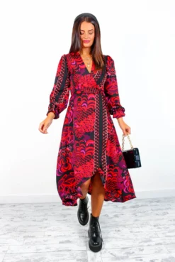 AX Paris Dont Tame Me - Red Multi Printed Midi Wrap Dress