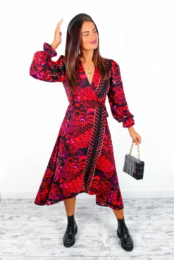 AX Paris Dont Tame Me - Red Multi Printed Midi Wrap Dress -Glamoros Clothing Shop Don tTameMe RedMultiPrintedMidiWrapDress 4