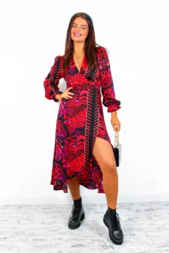 AX Paris Dont Tame Me - Red Multi Printed Midi Wrap Dress -Glamoros Clothing Shop Don tTameMe RedMultiPrintedMidiWrapDress 5