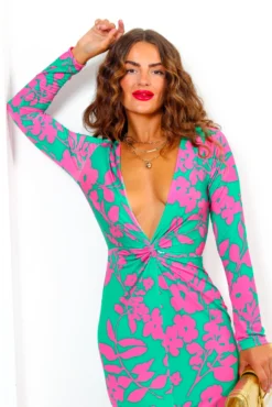 Dont Make Me Wait - Green Fuchsia Floral Plunge Midi Dress 13 Dont Make Me Wait - Green Fuchsia Floral Plunge Midi Dress -Glamoros Clothing Shop DontMakeMeWait GreenFuchsiaFloralPlungeMidiDress 5