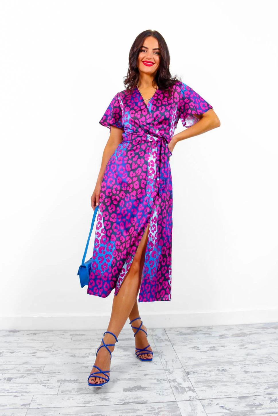 Drawing Attention - Magenta Blue Leopard Midi Wrap Dress 1 Drawing Attention - Magenta Blue Leopard Midi Wrap Dress