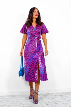 Drawing Attention - Magenta Blue Leopard Midi Wrap Dress 8 Drawing Attention - Magenta Blue Leopard Midi Wrap Dress -Glamoros Clothing Shop DrawingAttention MagentaBlueLeopardMidiWrapDress4