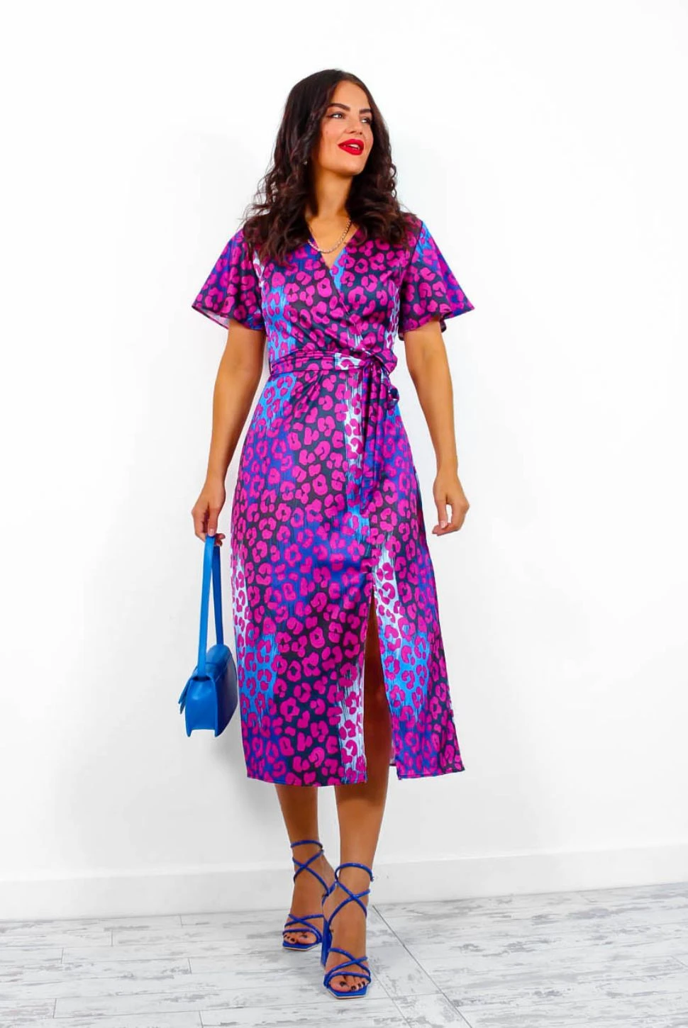 Drawing Attention - Magenta Blue Leopard Midi Wrap Dress 3 Drawing Attention - Magenta Blue Leopard Midi Wrap Dress - Image 3