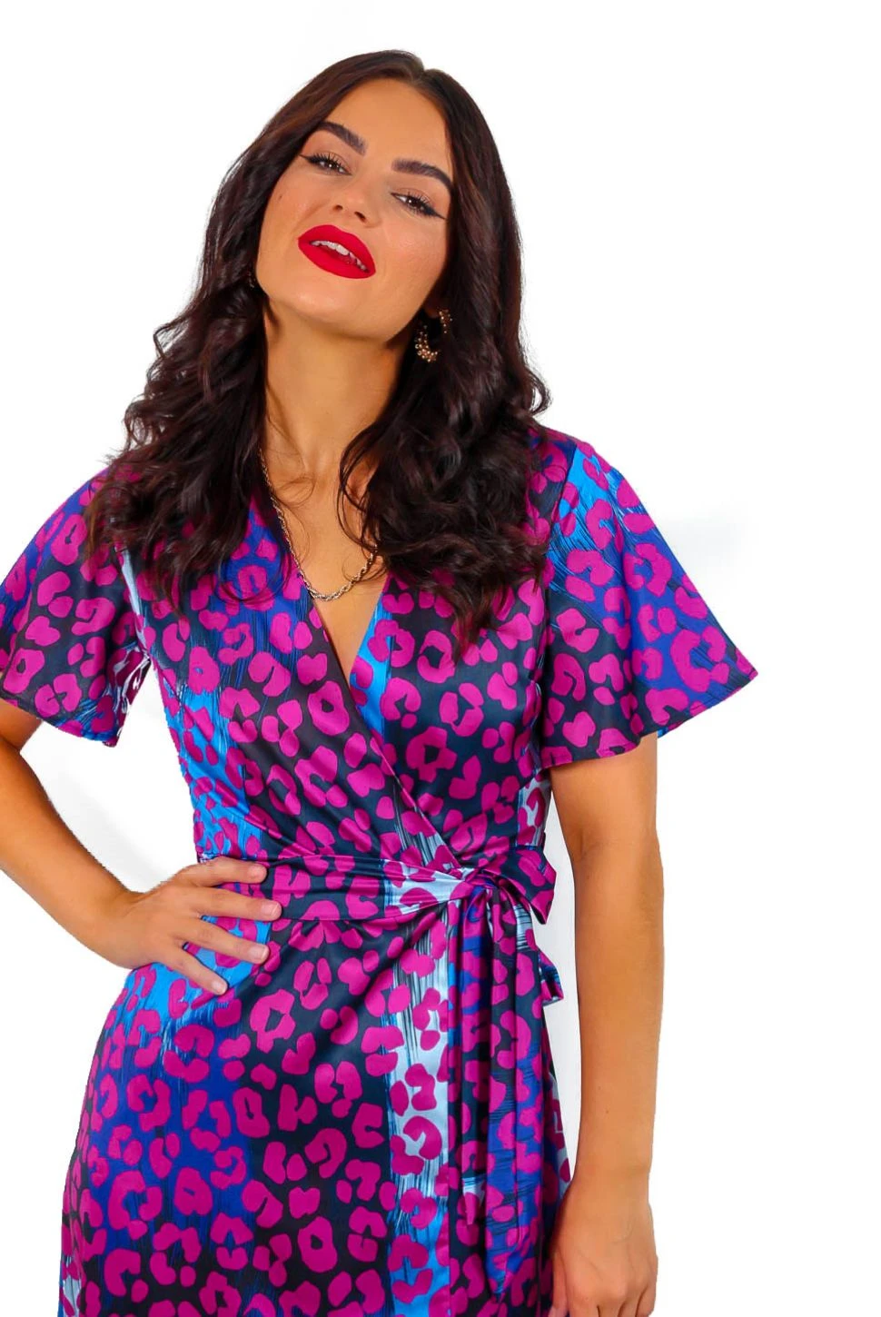 Drawing Attention - Magenta Blue Leopard Midi Wrap Dress 2 Drawing Attention - Magenta Blue Leopard Midi Wrap Dress - Image 2