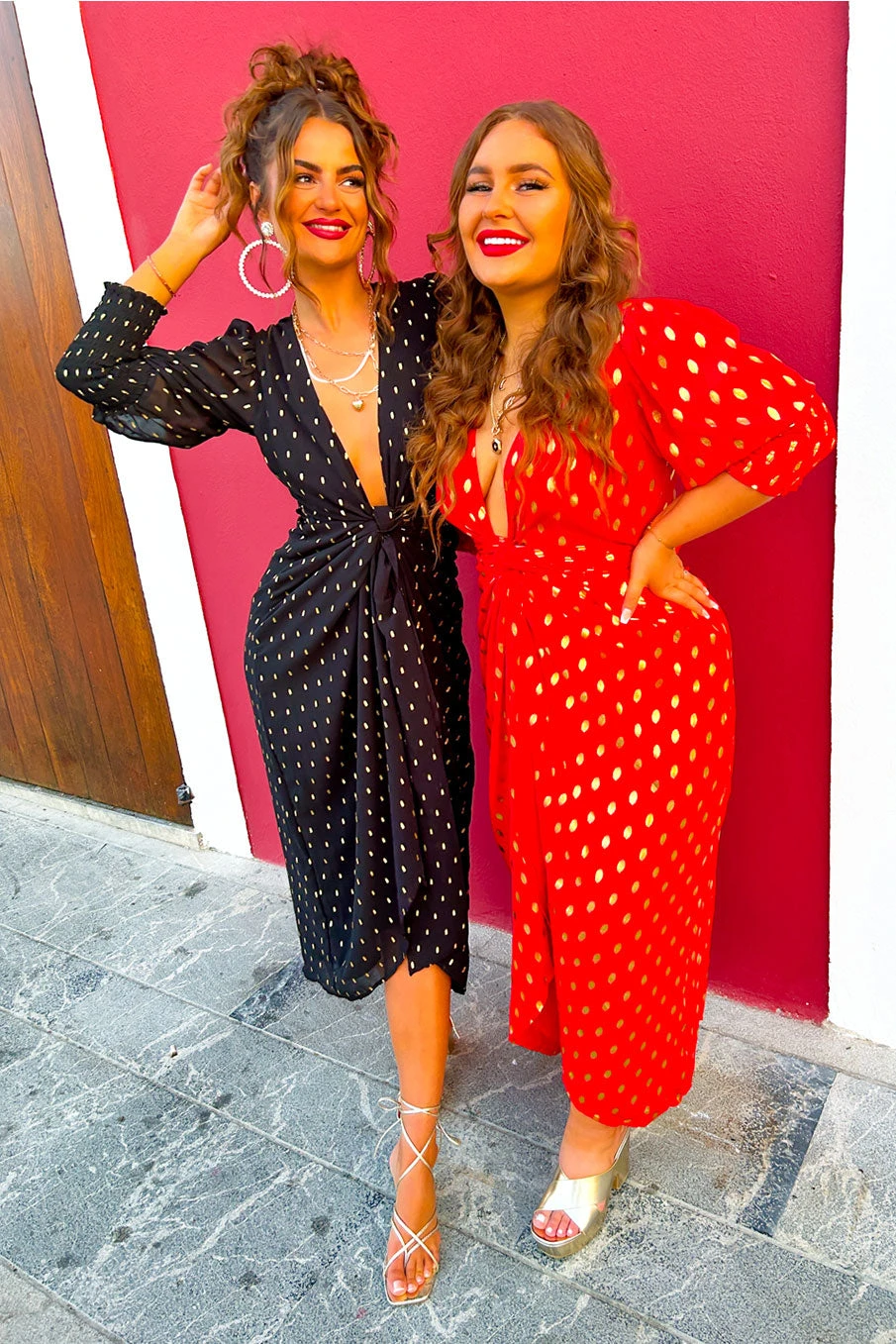 Glamorous Drive 'Em Wild - Red Gold Foil Spot Midi Wrap Dress 3 Glamorous Drive 'Em Wild - Red Gold Foil Spot Midi Wrap Dress - Image 3