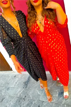 Glamorous Drive 'Em Wild - Red Gold Foil Spot Midi Wrap Dress