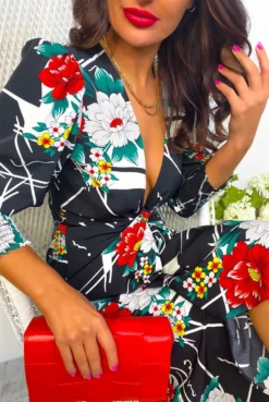 Glamorous Drive Em Wild - Black White Floral Abstract Print Midi Wrap Dress