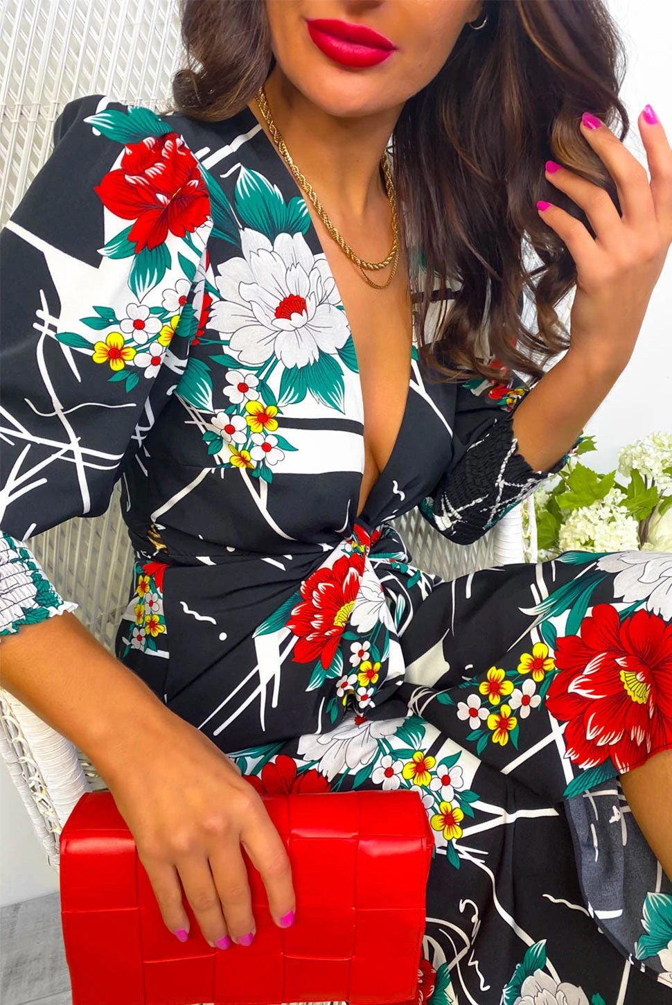 Glamorous Drive Em Wild - Black White Floral Abstract Print Midi Wrap Dress 1 Glamorous Drive Em Wild - Black White Floral Abstract Print Midi Wrap Dress