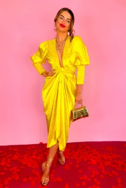 Glamorous Drive Em Wild - Mustard Leopard Jacquard Midi Wrap Dress