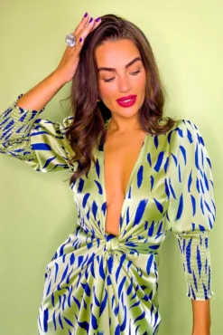 Glamorous Drive Em Wild - Olive Navy Printed Midi Wrap Dress -Glamoros Clothing Shop Drive Em Wild Olive Navy Printed Midi Wrap Dress 1