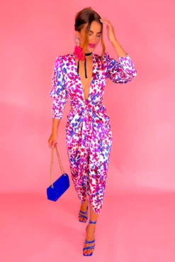 Glamorous Drive 'Em Wild - Pink Purple Spotted Midi Wrap Dress -Glamoros Clothing Shop Drive Em Wild Pink Purple Spotted Midi Wrap Dress 2