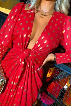 Glamorous Drive 'Em Wild - Red Gold Foil Spot Midi Wrap Dress 18 Glamorous Drive 'Em Wild - Red Gold Foil Spot Midi Wrap Dress -Glamoros Clothing Shop Drive Em Wild Red Gold Foil Spot Midi Wrap Dress