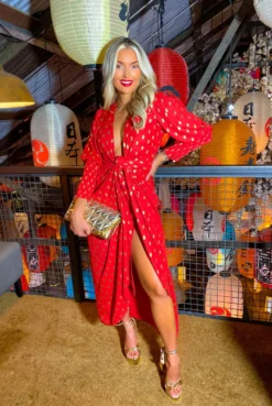 Glamorous Drive 'Em Wild - Red Gold Foil Spot Midi Wrap Dress 16 Glamorous Drive 'Em Wild - Red Gold Foil Spot Midi Wrap Dress -Glamoros Clothing Shop Drive Em Wild Red Gold Foil Spot Midi Wrap Dress 3