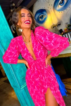 Glamorous Drive 'Em Wild - Red Pink Watercolour Rose Midi Wrap Dress