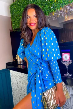 Glamorous Drive 'Em Wild - Teal Gold Foil Spot Midi Wrap Dress -Glamoros Clothing Shop Drive Em Wild Teal Gold Foil Spot Midi Wrap Dress 1