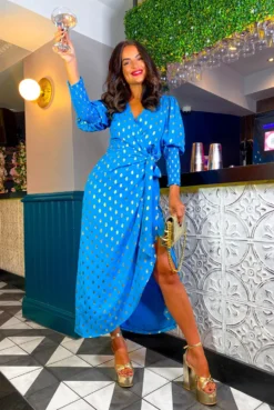 Glamorous Drive 'Em Wild - Teal Gold Foil Spot Midi Wrap Dress -Glamoros Clothing Shop Drive Em Wild Teal Gold Foil Spot Midi Wrap Dress 2