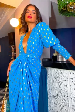 Glamorous Drive 'Em Wild - Teal Gold Foil Spot Midi Wrap Dress -Glamoros Clothing Shop Drive Em Wild Teal Gold Foil Spot Midi Wrap Dress 3