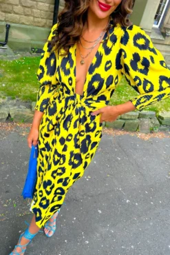 Glamorous Drive 'Em Wild - Yellow Black Animal Print Midi Wrap Dress