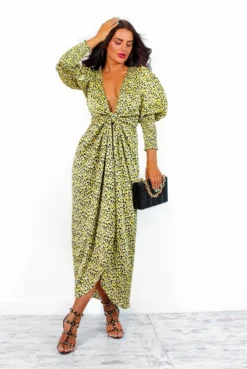 Glamorous Drive Em Wild - Black Yellow Flower Midi Wrap Dress