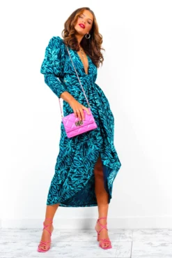 Glamorous Drive Em Wild - Blue Black Animal Print Midi Wrap Dress